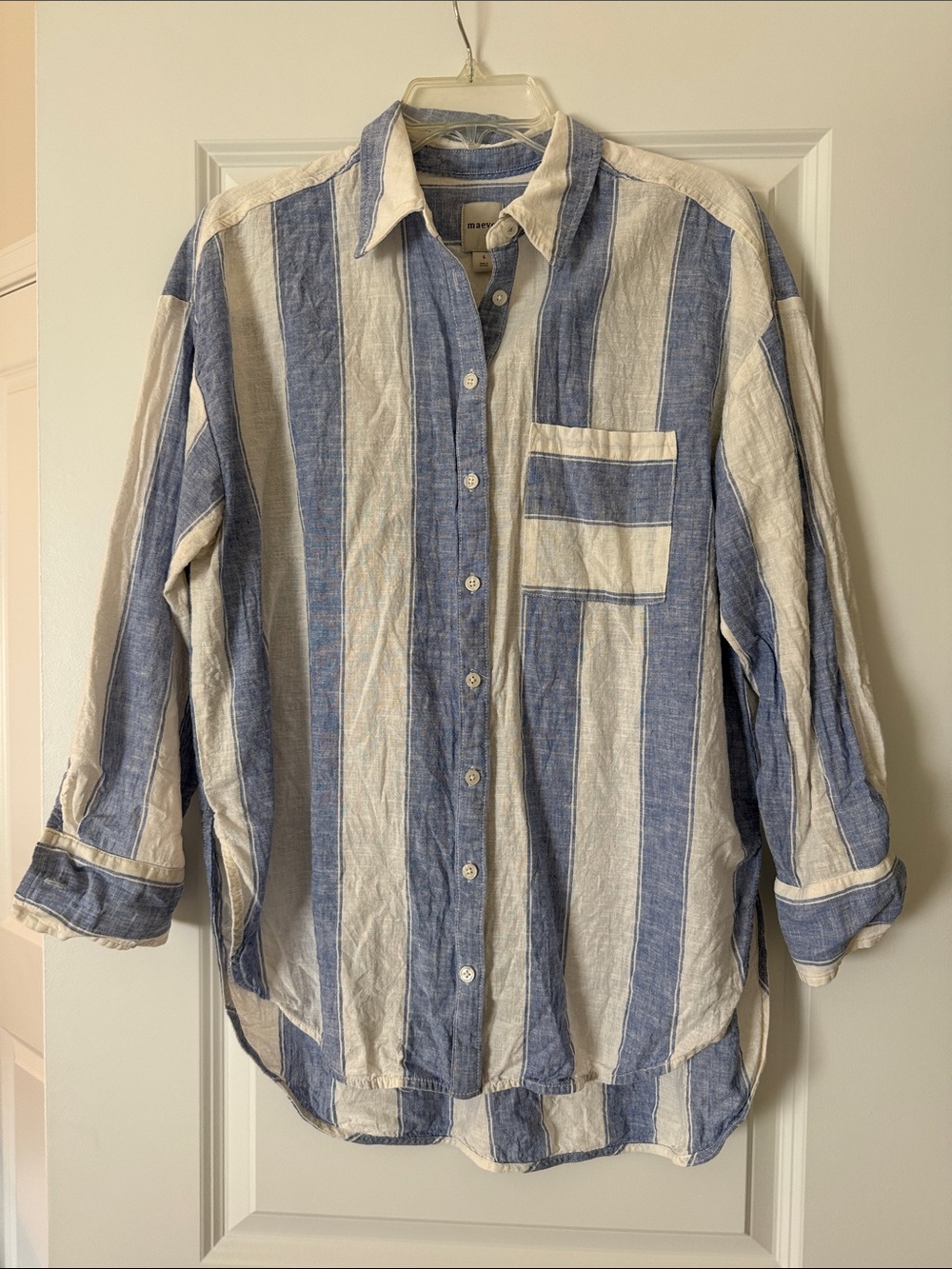 Women’s Blue and White Striped Button-Up Shirt